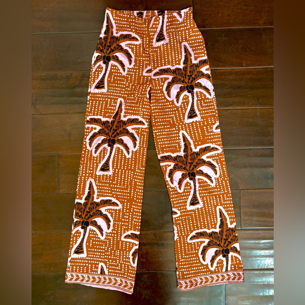 Joie XS Wide Leg Hawaiian Silky High-Waist Pants Boho Palm Tree Polka Dot Putple